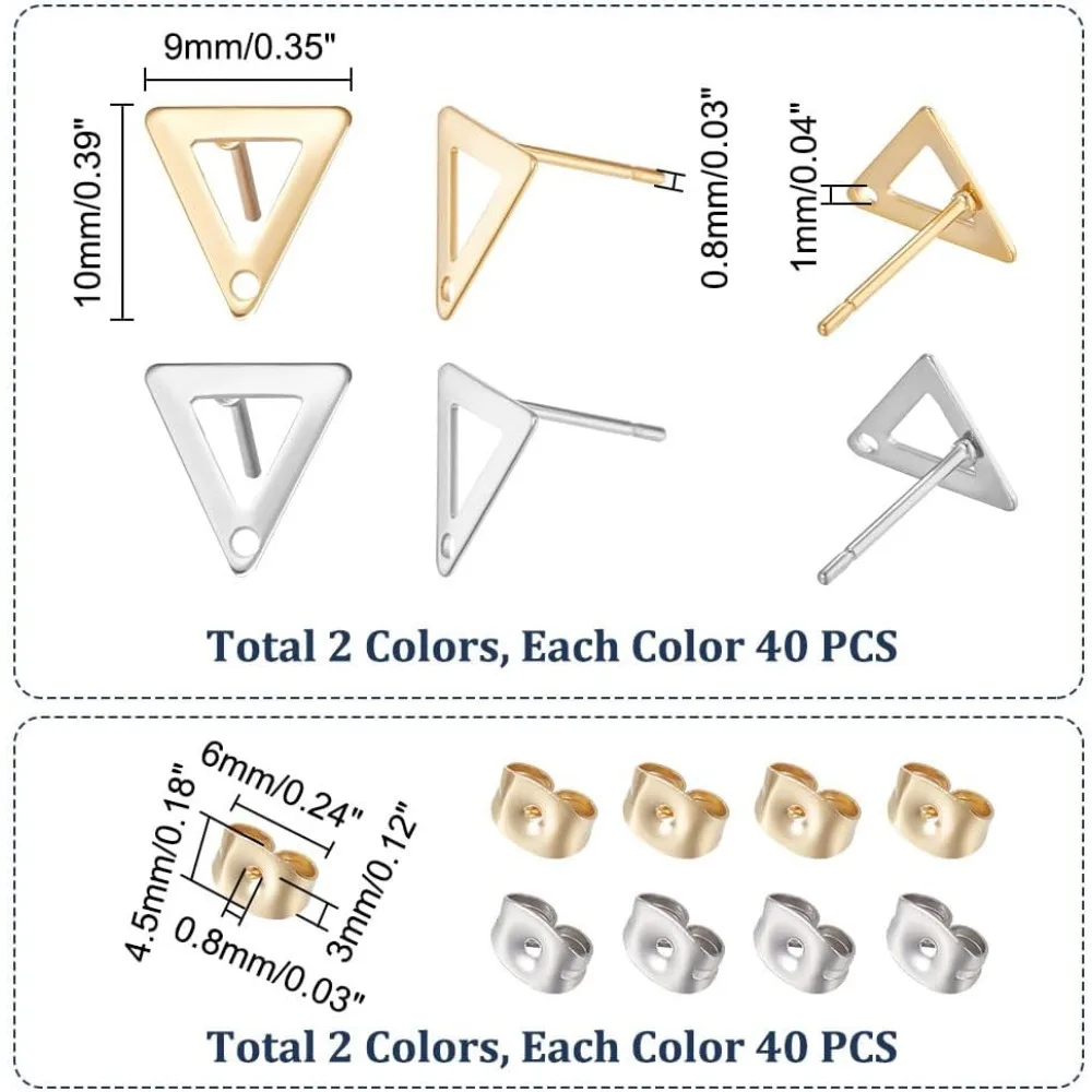 80Pcs 2 Colors Triangle Stud Earring Findings Stainless Steel Post Geometry DIY Accessories Metal