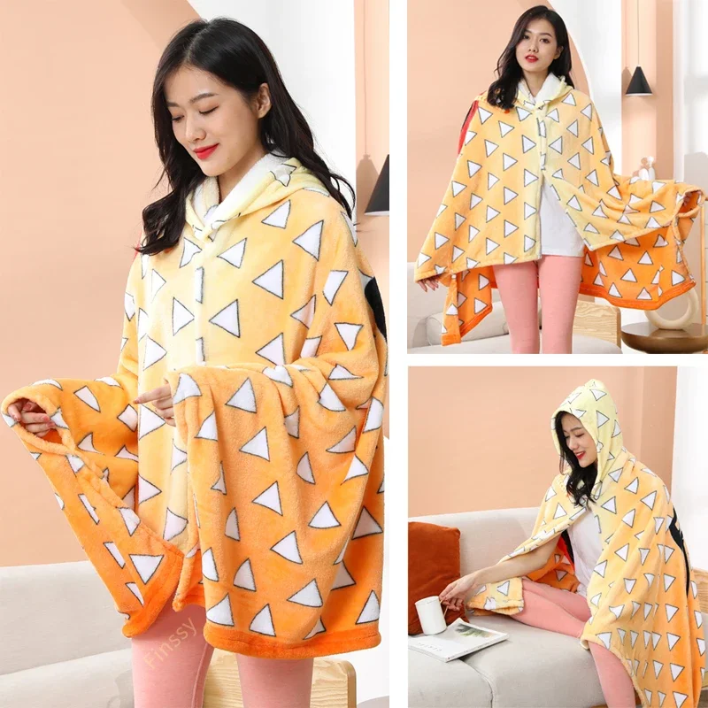 2025 New Anime Blanket Cloak Demon Slayer Adult Hoodie Bathrobe Nezuko Kamado Cosplay Costume Agatsuma Kochou Winter Flanne QAQ2