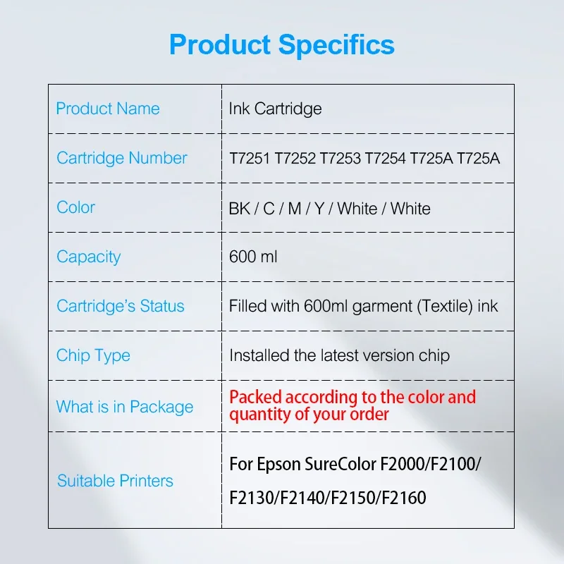 For Epson SureColor F2000 F2100 F2150 F2160 T7251-T7254 T725A T7251 Compatible Ink Cartridge Filled With DTG Ink 600ML/PC