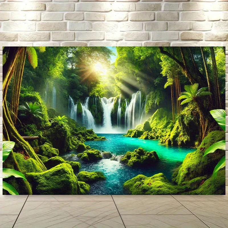 Un banner de fondo 2D, un hermoso lienzo de tela sintética que representa una escena de cascada en una selva tropical, tela de fondo.