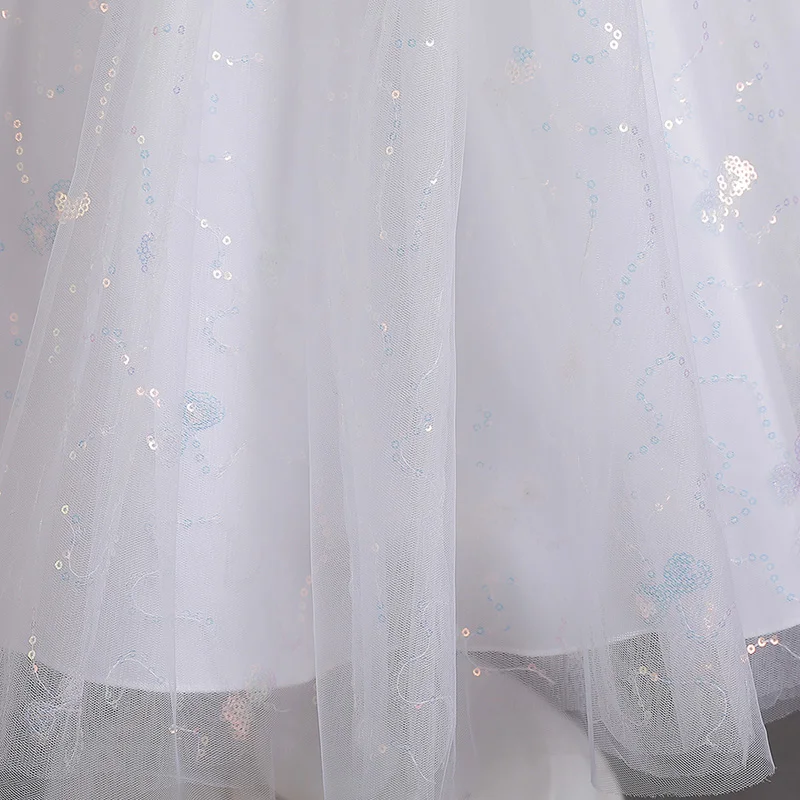 Girls summer short puffed sleeve court style princess dress pure white dress flower children piano performance #C551