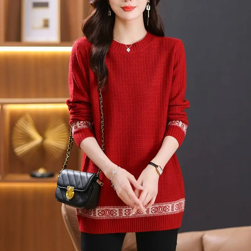 5XL Large Size Mid Length Knitted Sweater Women\'s Pullovers O-Neck Loose Knit Jumper Spring Autumn All-match Casual Sweaters