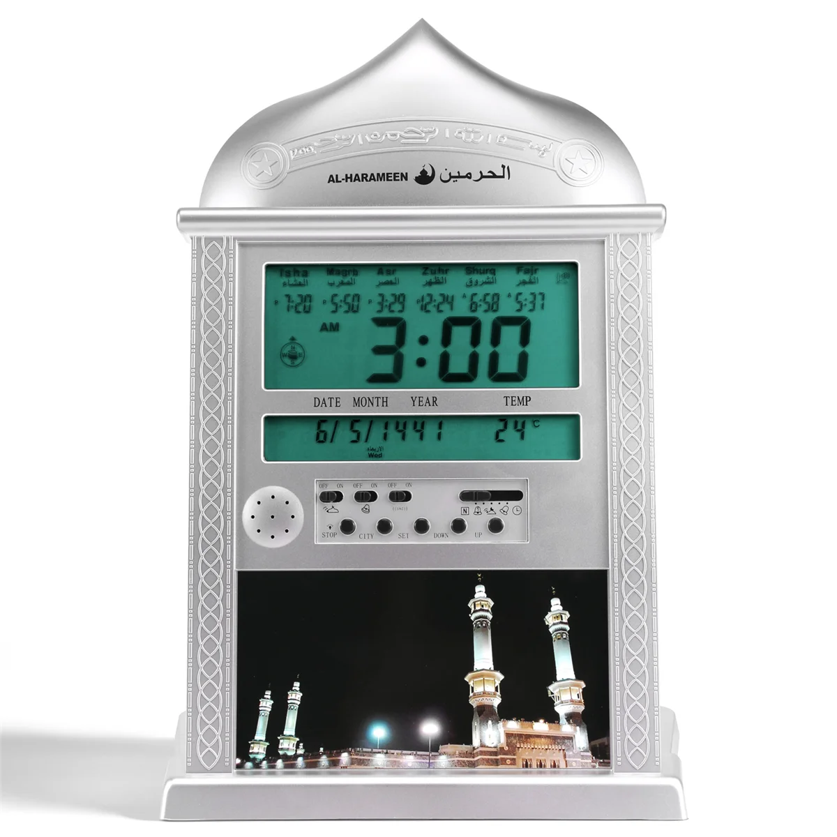 Azan Mosque Prayer Clock Islamic Mosque Azan Calendar Muslim Prayer Wall Clock Alarm Ramadan Home Decor Silver