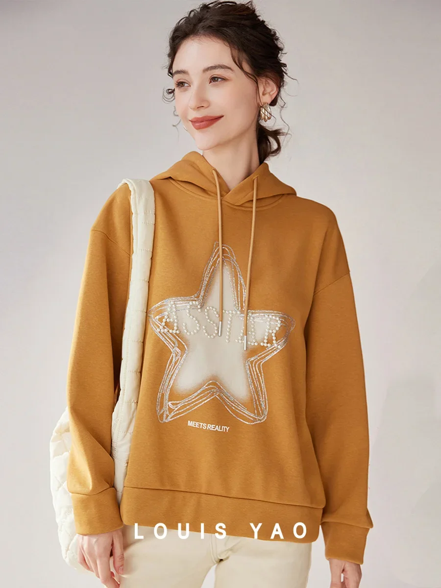 LOUIS YAO Women's Hoodie 2026 Winter Thick Velvet Hoodie Fashionable Nail Bead Sequin Embroidered Pentagram Pattern Sweatshirts