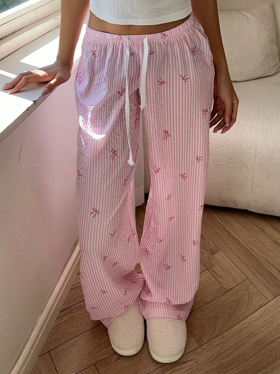 

Pink Striped Long Pants for Women House Wear Daily Clothing 2025 Autumn New Fashion Women's Loose Casual Trousers