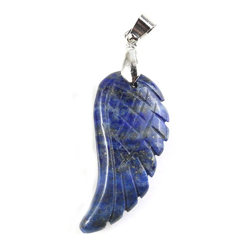 KFT Silver Plated Vintage Natural Lapis Lazuli Stone Freedom Angel Wing Pendant 35mm Fashion Women Men  Jewelry