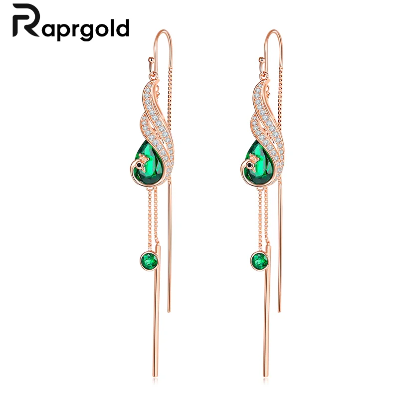 RAPRGOLD Lab Grown Emerald Drop Earrings for Women S925 Sterling Silver Piercing Chain Stud Earrings Wedding Party Jewelry Gifts