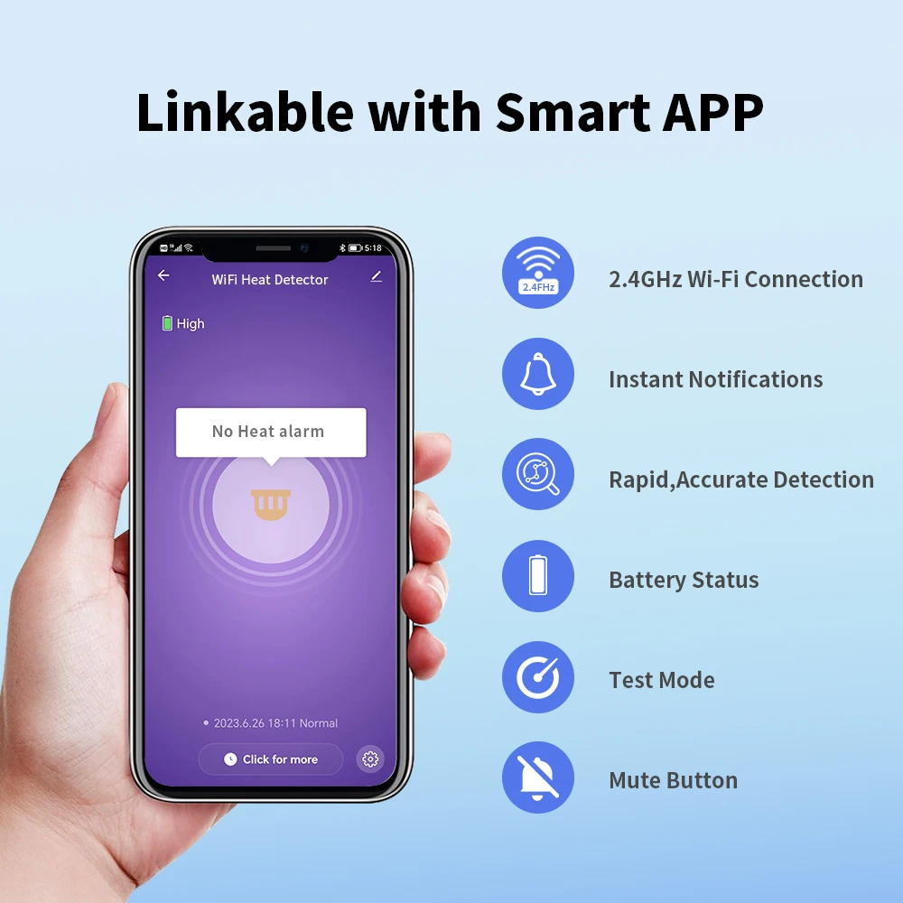 Detektor panas Tuya, dengan kontrol aplikasi Tuya, Alarm panas pintar WiFi dengan baterai Li 10 tahun tertutup, BS 5446 2, VH01W, 2 pak