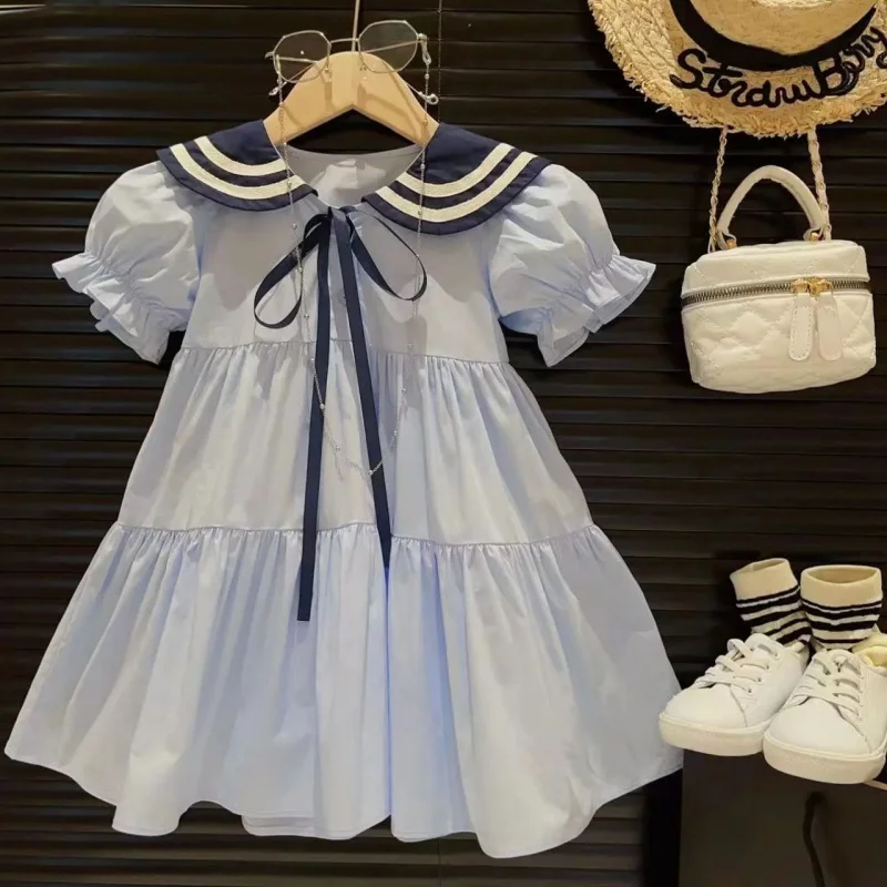 

2024Girls' Baby Summer Layered Cake Princess Dress Children's Western Navy Style Contrasting-Color Dress