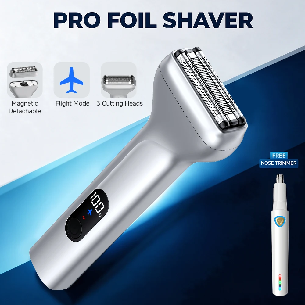 Men's 3-Head Foil Shaver Set 5 Colors, Magnetic Detachable Head, LED Display, IPX Waterproof, Type-C Fast Charge, Nose Trimmer