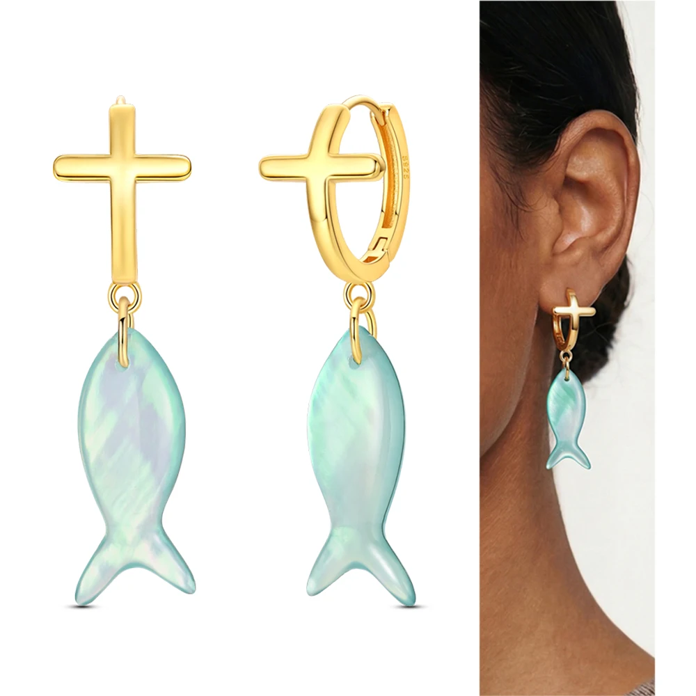 

Minimalist 925 Sterling Silver Golden Cross Fish Shaped Shell Earrings Ladies' Elegant Gathering Jewelry
