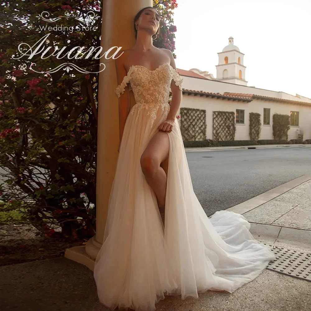 

Индивидуальное бальное платье Aviana с открытыми плечами, кружевное бальное платье из тюля с вышивкой, свадебное платье с высоким разрезом и длинным шлейфом, элегантное свадебное платье 2025