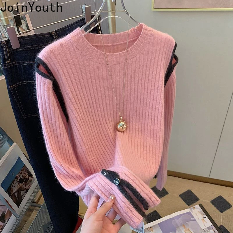 Vintage Pullovers for Women 2023 Ropa Mujer O-neck Slim Fit Jumper Long Sleeve Off Shoulder Knitwear Sweater Tops Pull Femme