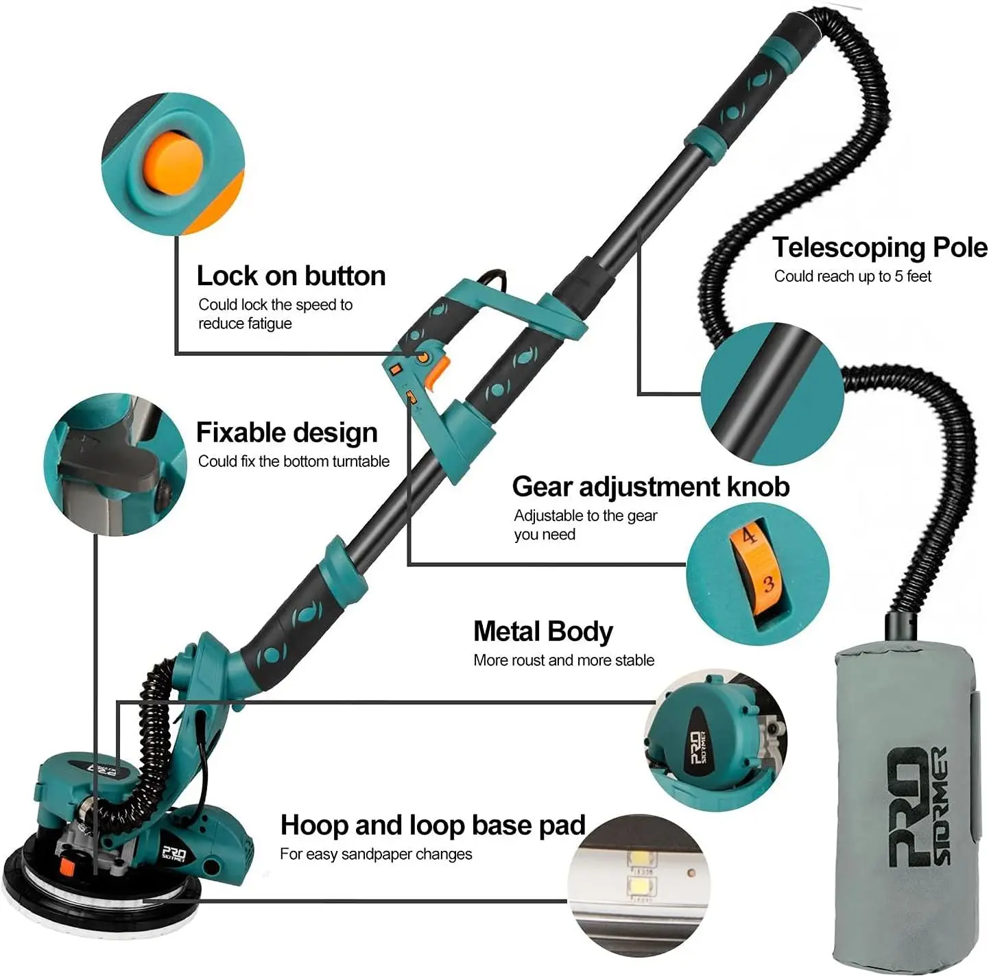 Drywall Sander, Prostormer 6.5A Electric Drywall Sander Machine With Automatic Vacuum System, 500 To 1800Rpm Variable Speeds,