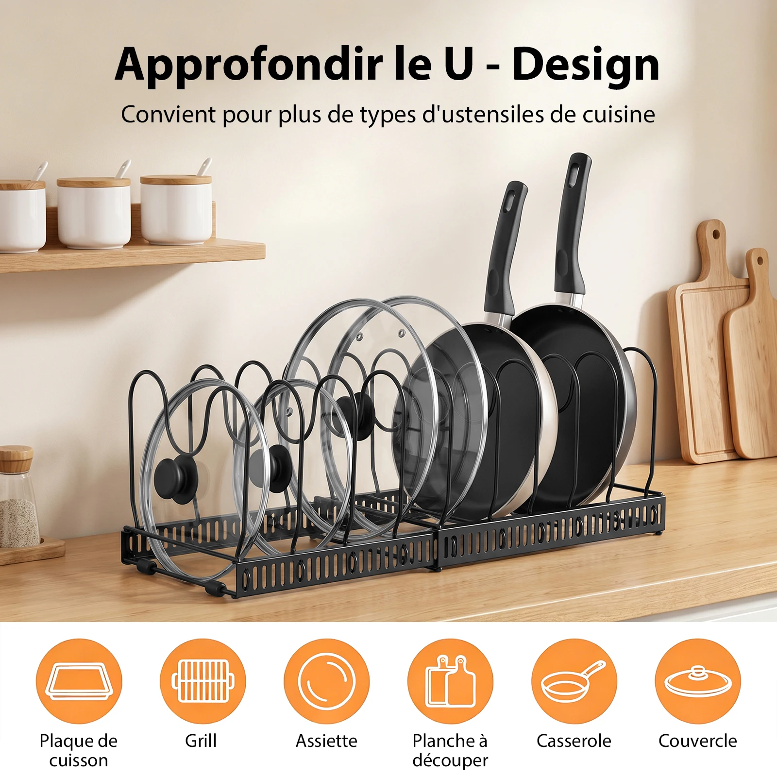 Support de rangement extensible pour casseroles et couvercles, avec 10 séparateurs ajustables, pour planches à découper, poêles en fonte et ustensiles de cuisson lourds, organisateur de placard de cuisine