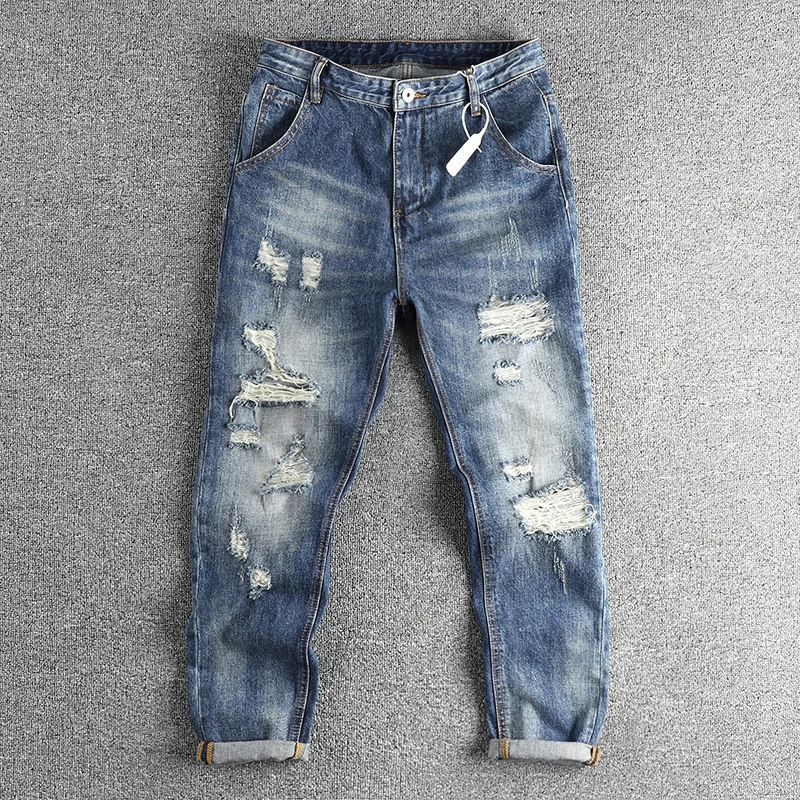 

100% Cotton Summer Heavy Washed Distressed Ripped Hole Denim Jeans for Men Slim Fit Straight-Leg American Retro Cropped Pants