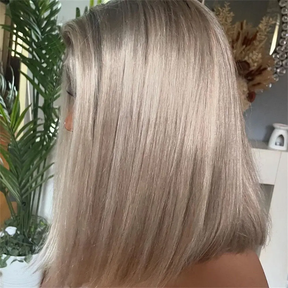 الرماد شقراء شعر مستعار اصطناعي مع جذور داكنة أومبير HD الدانتيل الجبهة الباروكات للنساء موضة ملابس مستقيمة طبيعية والذهاب غلويليس الباروكات #4