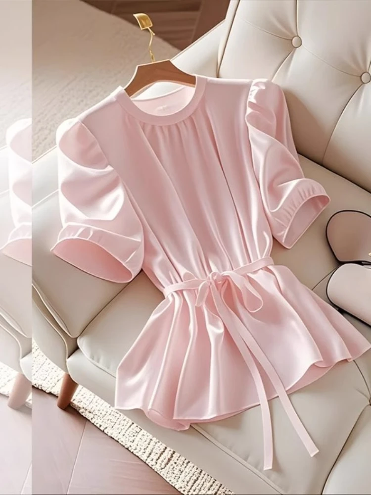 

Fashion Elegant Blouses Solid Color Pleated Lace-up Shirts O Neck Short Sleeve Tops 2025 Summer New All Match Women's Clothing
