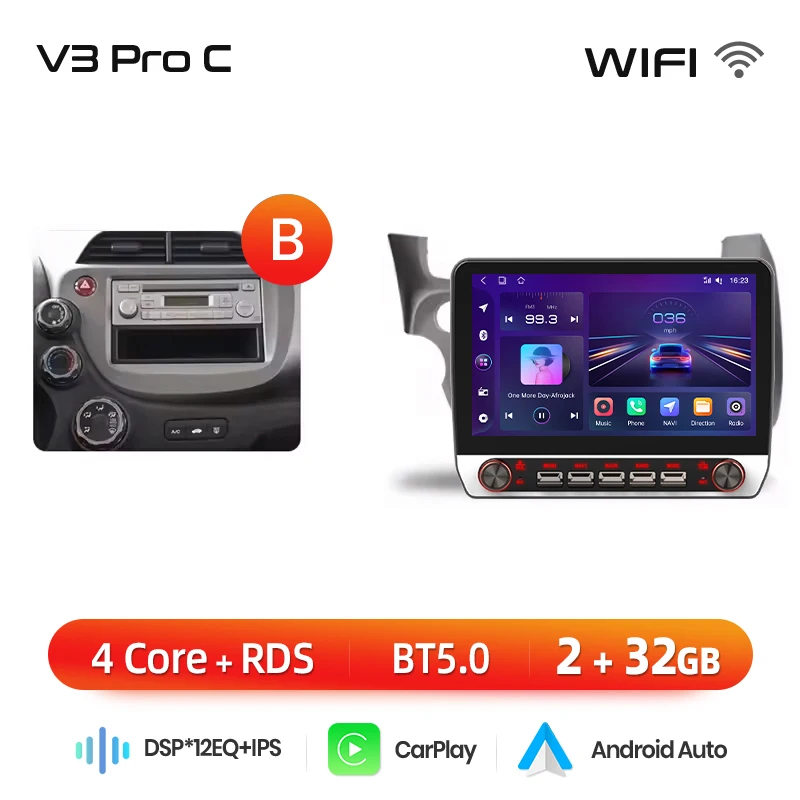Junsun 13.1″ QLED draadloze CarPlay Android Auto autoradio voor Honda Fit Jazz 2007-2013 Intelligente systemen DSP SWC RDS GPS FM BT