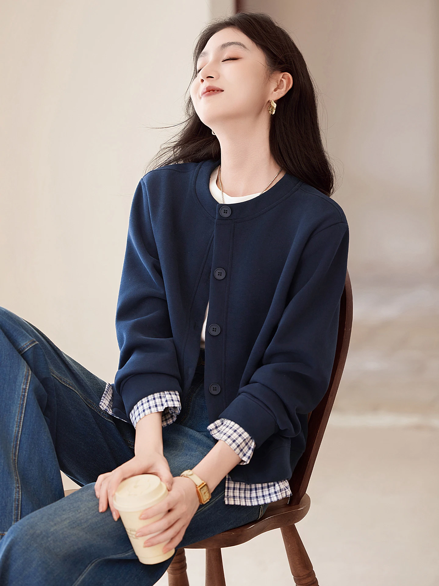 

Xinfeiyu Women's ort Knitted Jaet Fake Two-Piece Single-Button Casual Sle Stand Fit Breathable Cotton Spring 2026