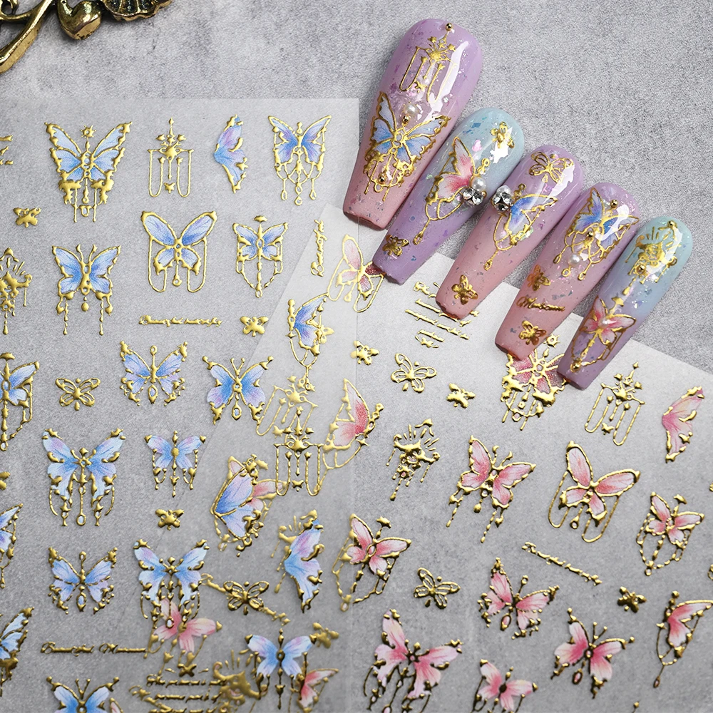 1pc 5D Embossed Butterfly Bow Backing Nail Decals Bohemian Vintage Floral Nail Art Stickers Foils Wraps DIY Nail Art Accessories
