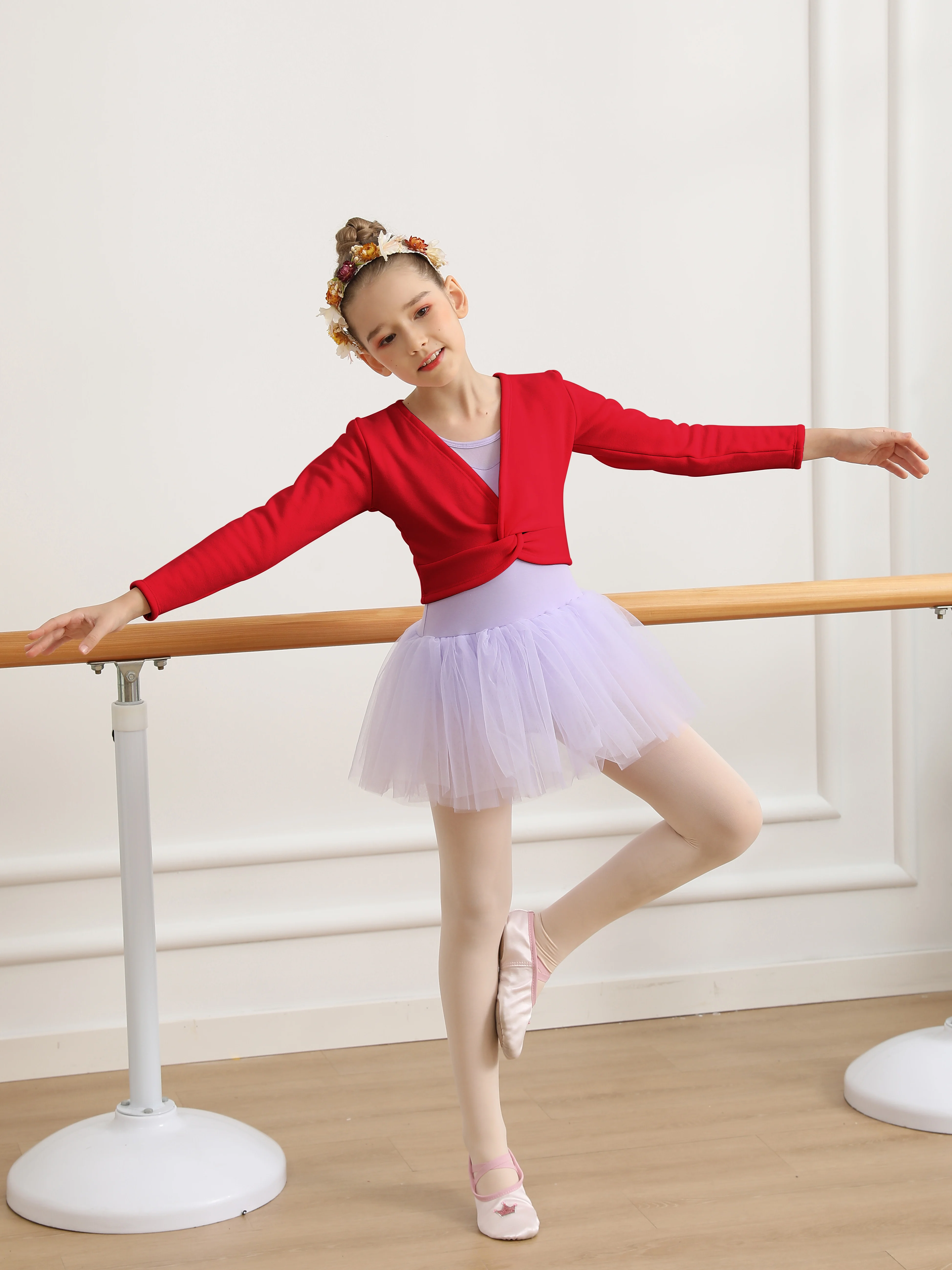Mädchen Ballett Wrap Tops Kinder Baumwolle Langarm Tanz Strickjacke Pullover Samt Innen V-ausschnitt Floral Twist Design