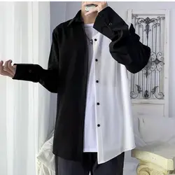 2024 Spring and Autumn Korean Edition Trendy Black and White Spliced Korean Style Elegance High Grade Long Sleeved Shirt for Men