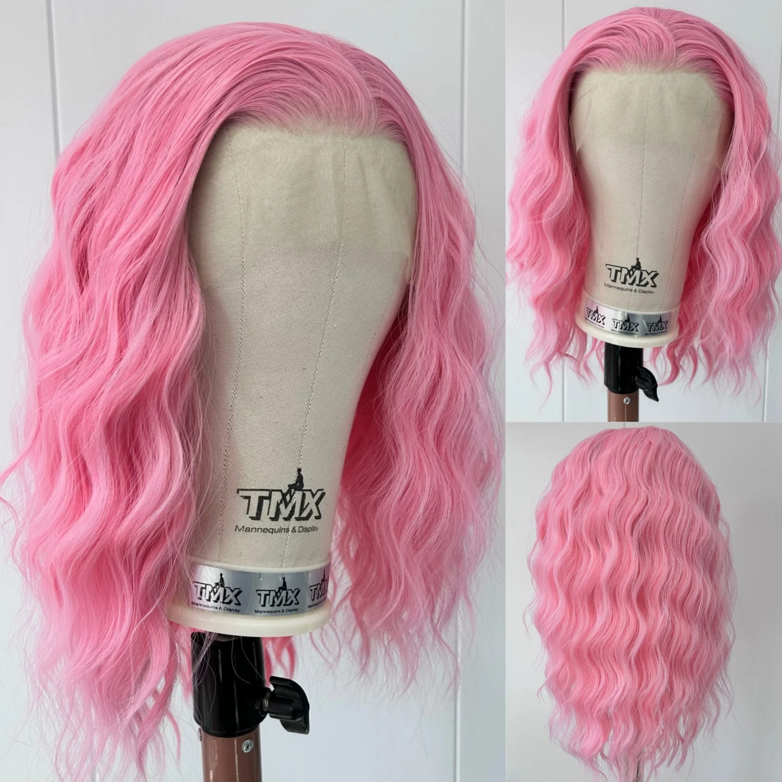 Short Pink Wigs for Women Loose Curly Wavy Synthetic Bob Shoulder Length Free Part Hot Pink 13X4 Lace Front Wigs Party Cosplay