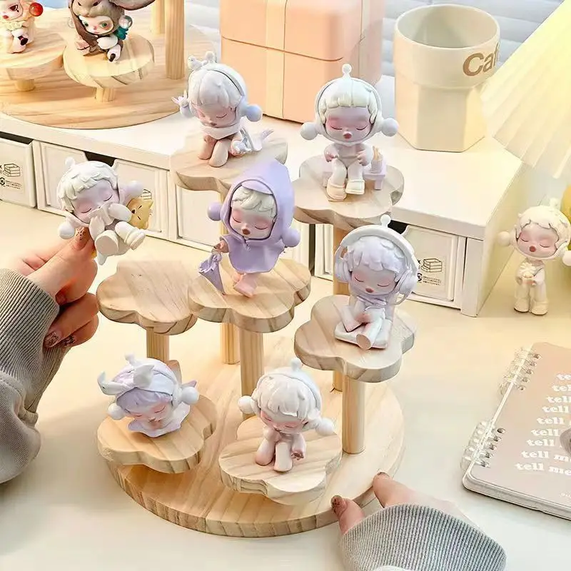 Wooden Display Riser Stand Organizer Shelf Stand For Toys And Dolls Figure Display Cabinet Cute Dolls Storage Rack Decoration