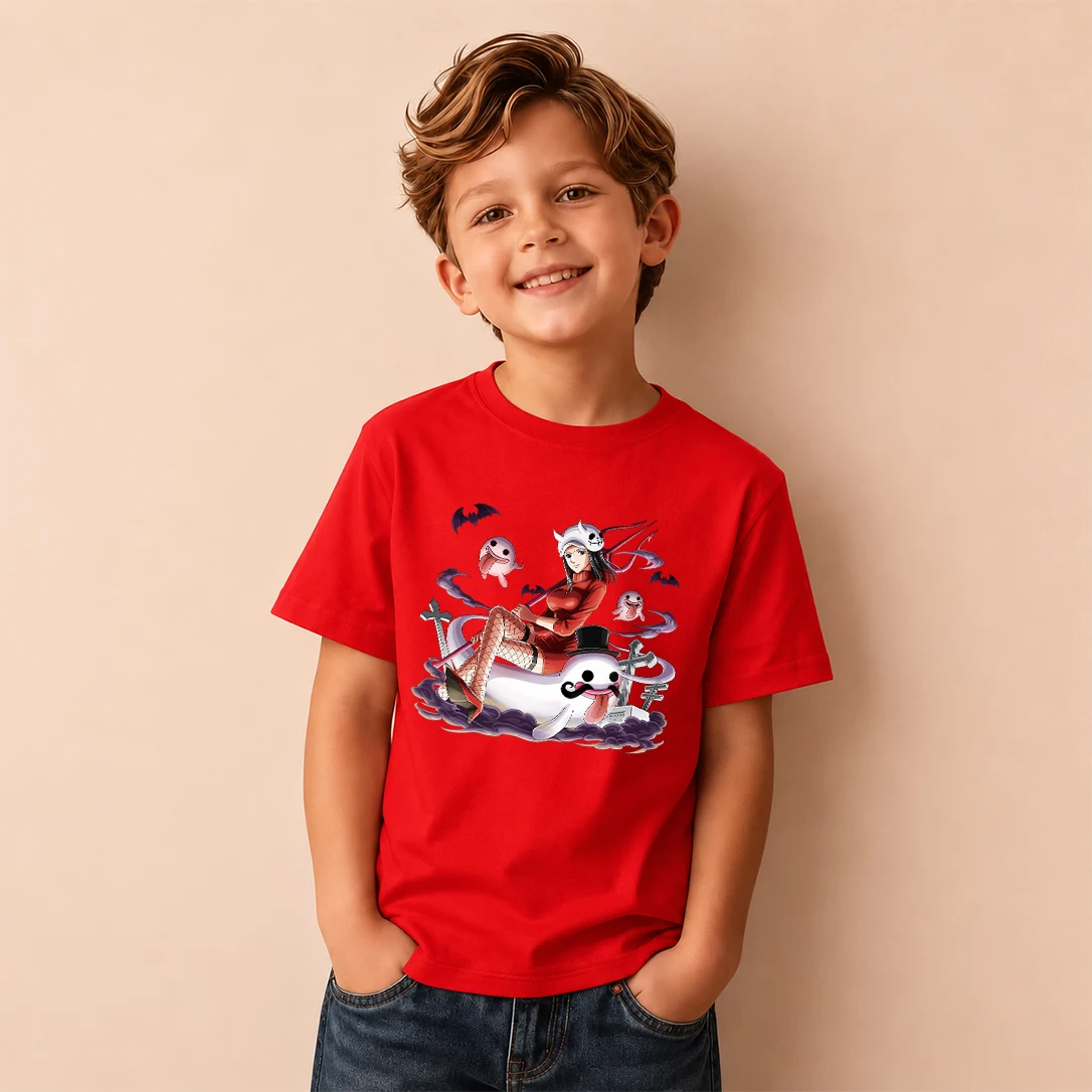 Kids T‑Shirt One Piece Nico Robin Halloween Ghost Print Short Sleeve Casual Tops Boys Girls Anime Children Daily Wear Tees
