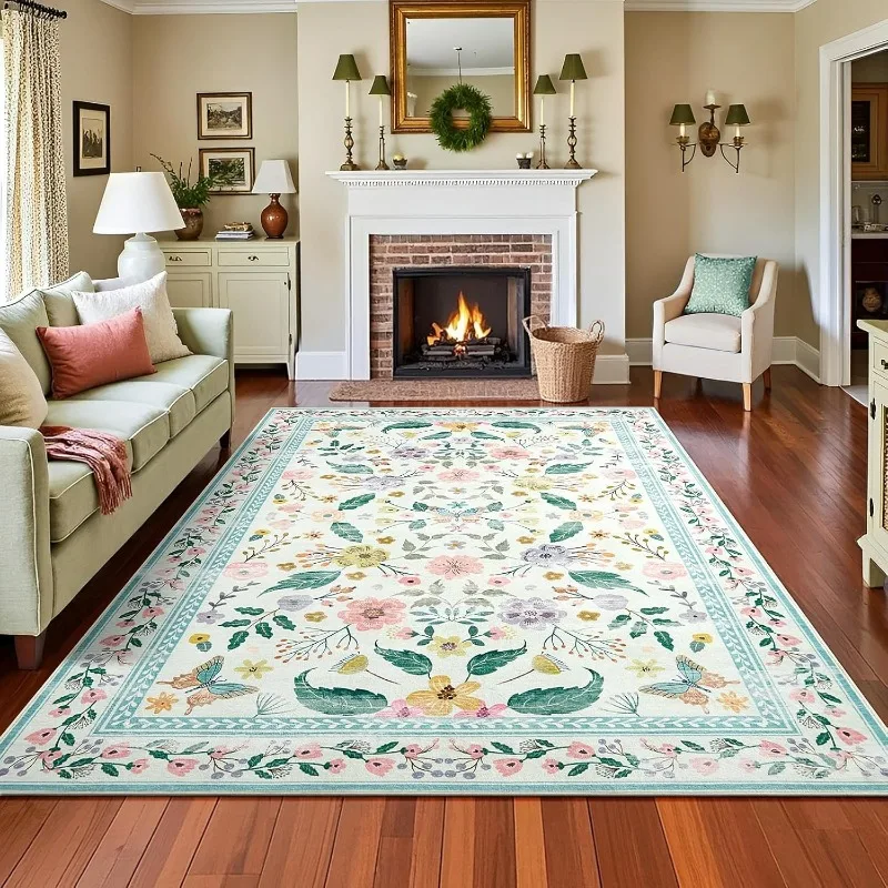 

Green Living Room Carpet Large Area Retro Floral Print Bedroom Rugs Machine Washable Non-slip Sofa Coffee Table Mats Alfombra 러그