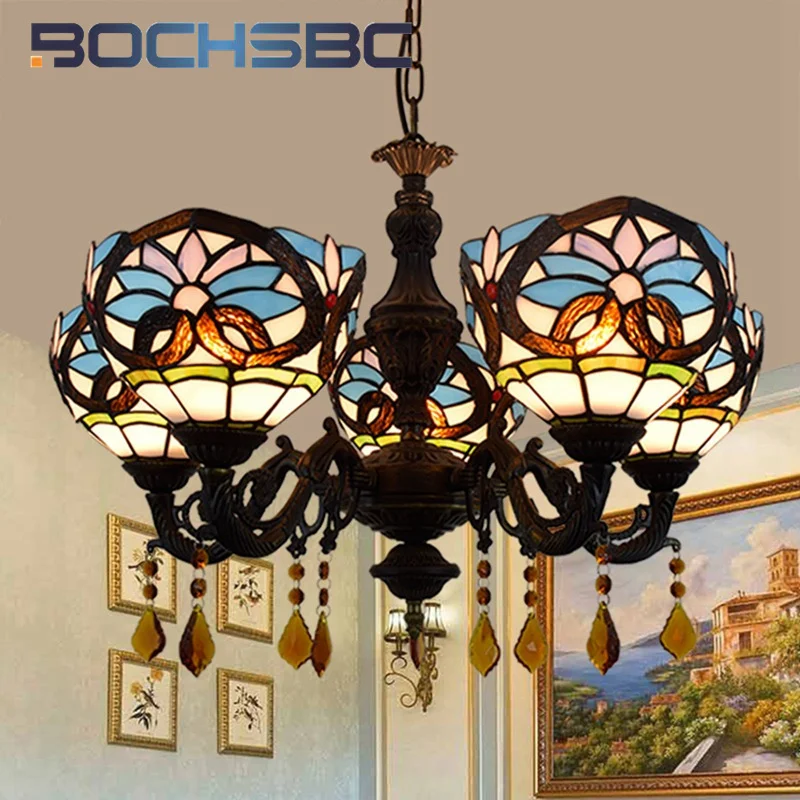 BOCHSBC Tiffany style stained glass Retro Love Baroque 5 chandelier Pendant lamp living room Dining room bedroom LED decor