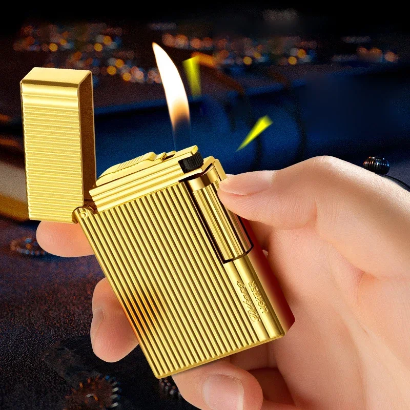 2024 Portable Metal Stripe Langsheng Business Lighter Creative Wheel Cigarette Lighter Butane Gas Lighter Cigar Cigarette Tool