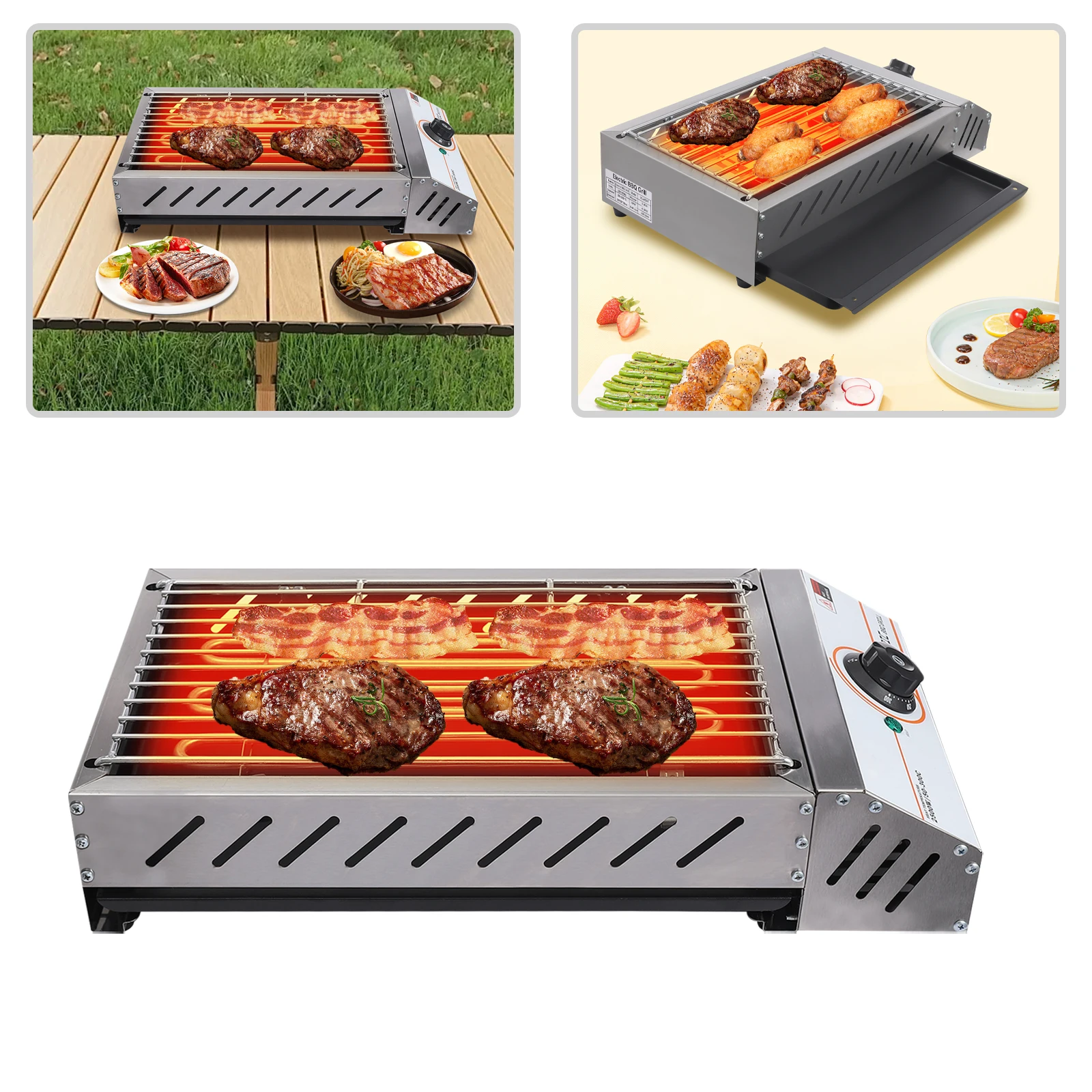 Barbecue électrique avec grilles en acier inoxydable 2500W pour la cuisson en extérieur, patio, jardin