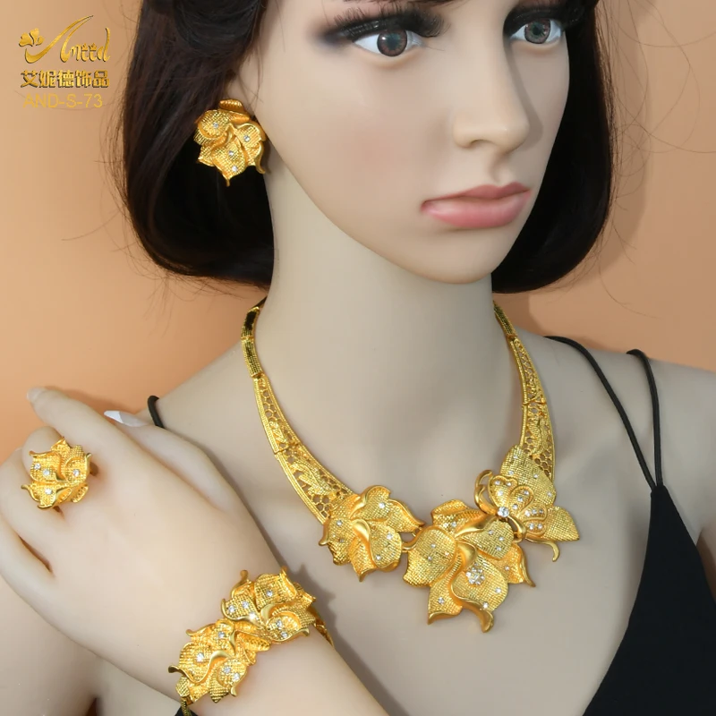 African Gold Plated Jewelry Set Dubai Nigerian Bridal Wedding Party Luxury Necklace Earrings Bracelet Rings Sets Jewellery