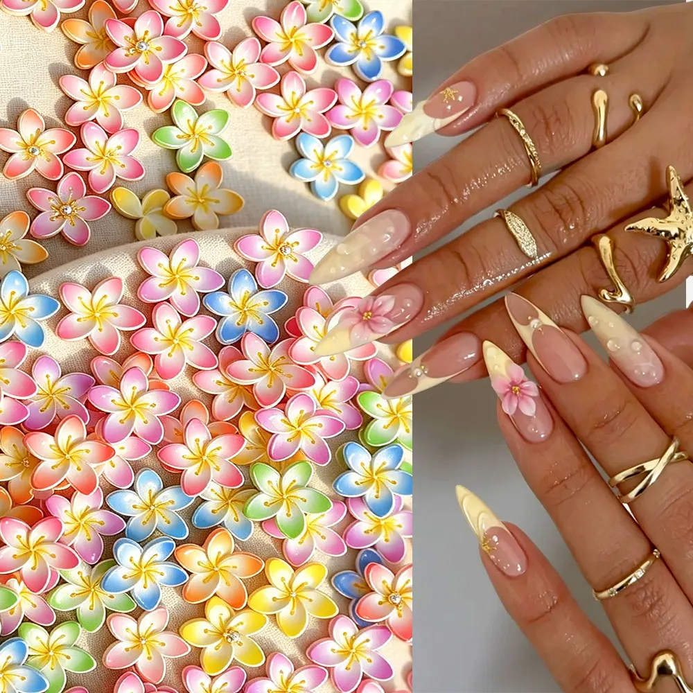 50Pcs Gradient Colorful Cherry Plumeria Nail Decorations Mini Five-Petal Floral Nail Charms DIY Manicure Ornament Craft Supplies