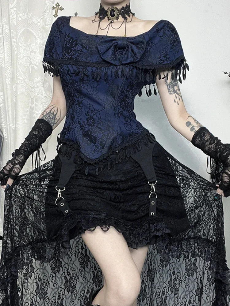 Elegant Fashion Tassels Off Shoulder Crop Tops 90s Grunge Bow Lace Print T-shirts Gothic Techwear Cyber Y2K Outfits