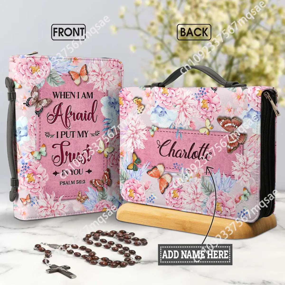 Luxury PU Leather Bible Bag When I Am Afraid I Put My Trust In You Verse Pink Floral Print Customized Bible Cover Case for Women