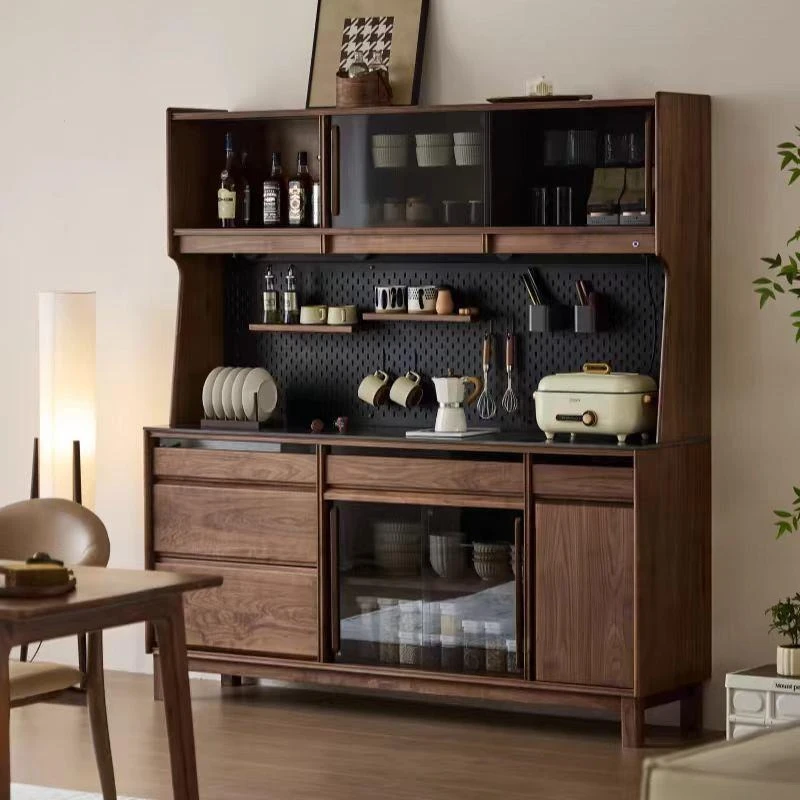 Solid wood slate dining side cabinet integrated against the wall Black walnut restaurant Water bar storage