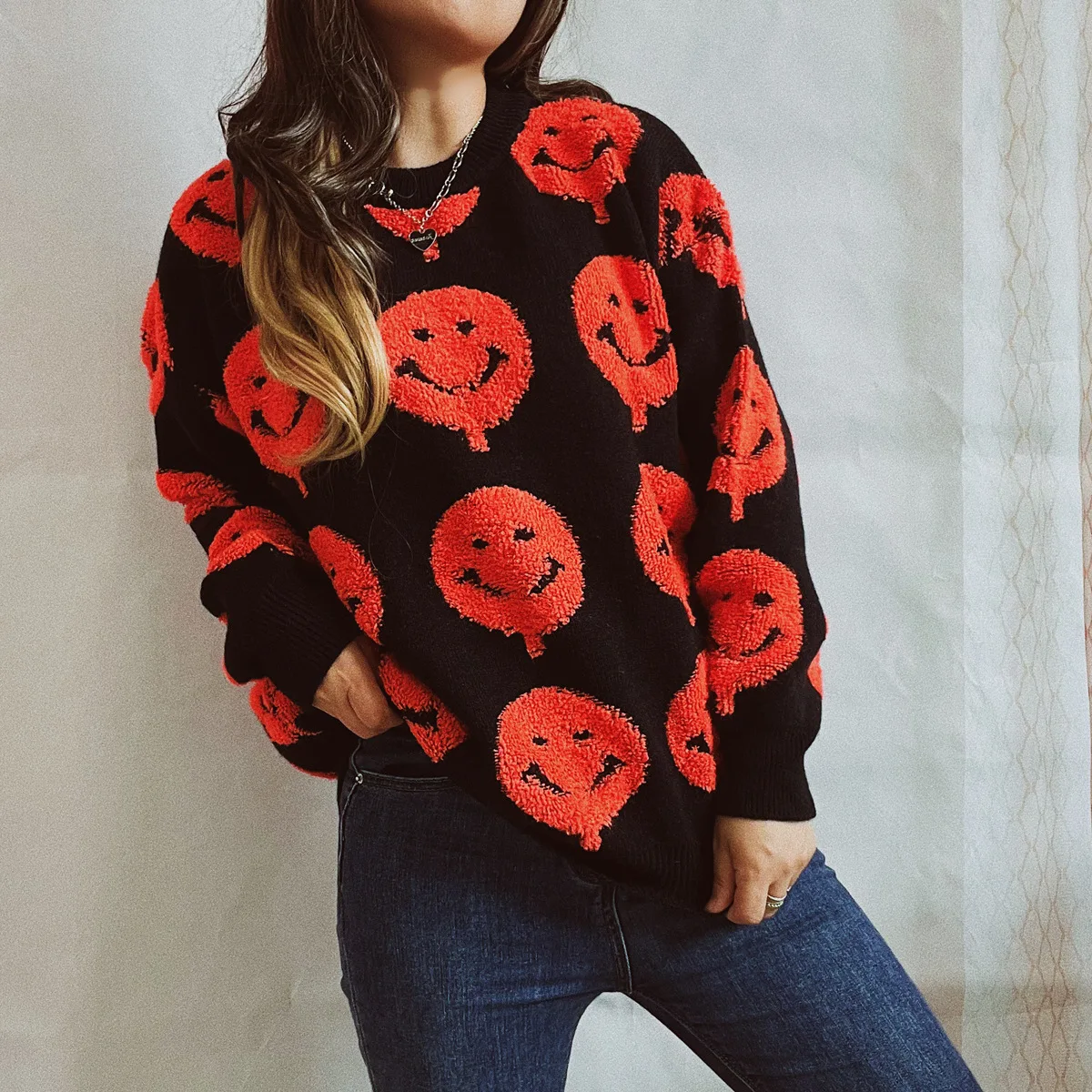 2022 New Cute Flocking Sweater Women Happy Face Pattern Thick Warm Long Sleeve Loose Pullover Knitwear Autumn Winter