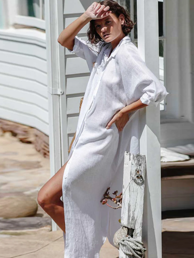 Women Beach Dresses White Shirts Tunic Summer Loose Swimsuit Cover Up Swimwear Long Sleeve Beachwear