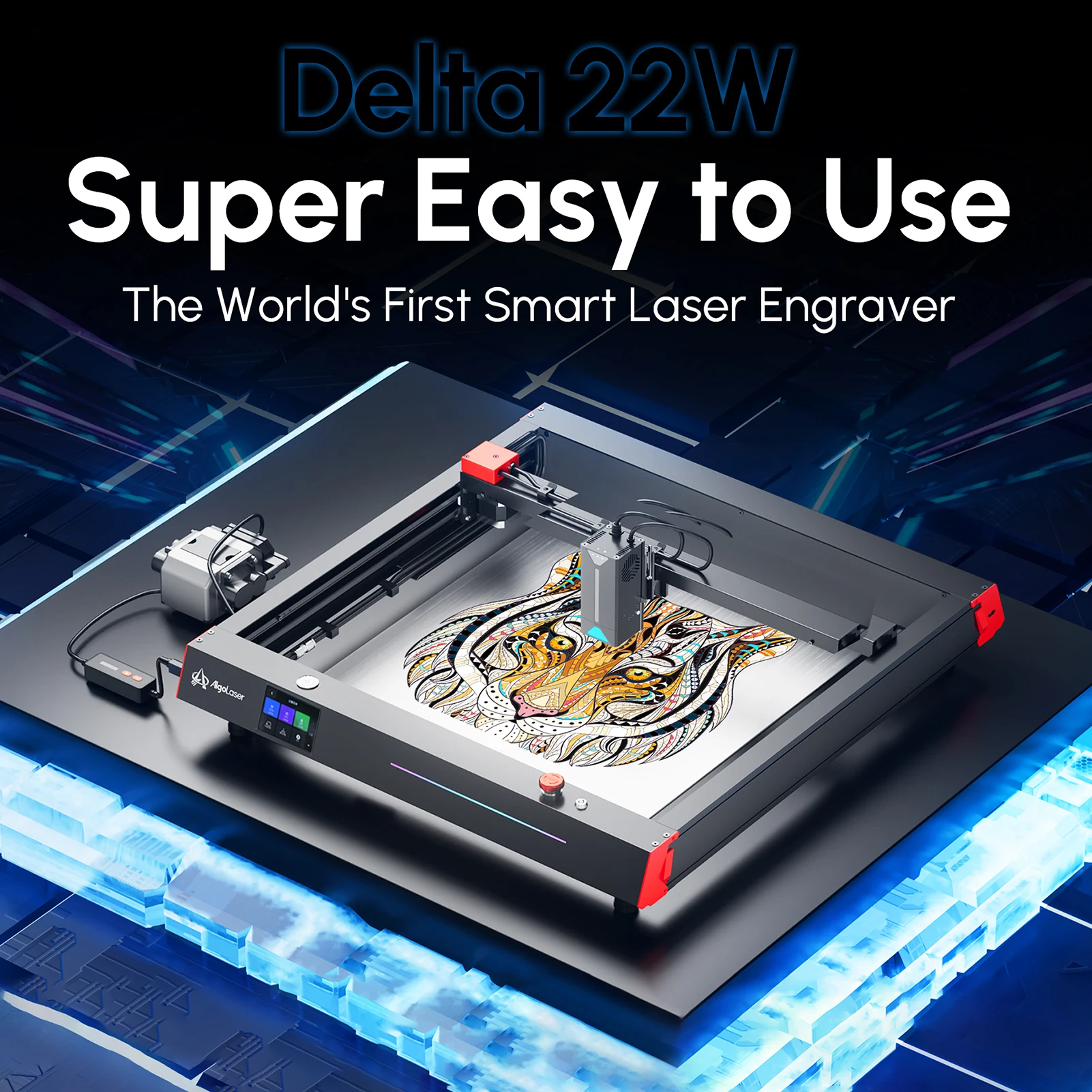 Algolaser Delta 22W Laser Engraver with Auto Air Assist Pump 500+Color Engraving Fast Speed with 3.5'' IPS Screen Support APP/Re