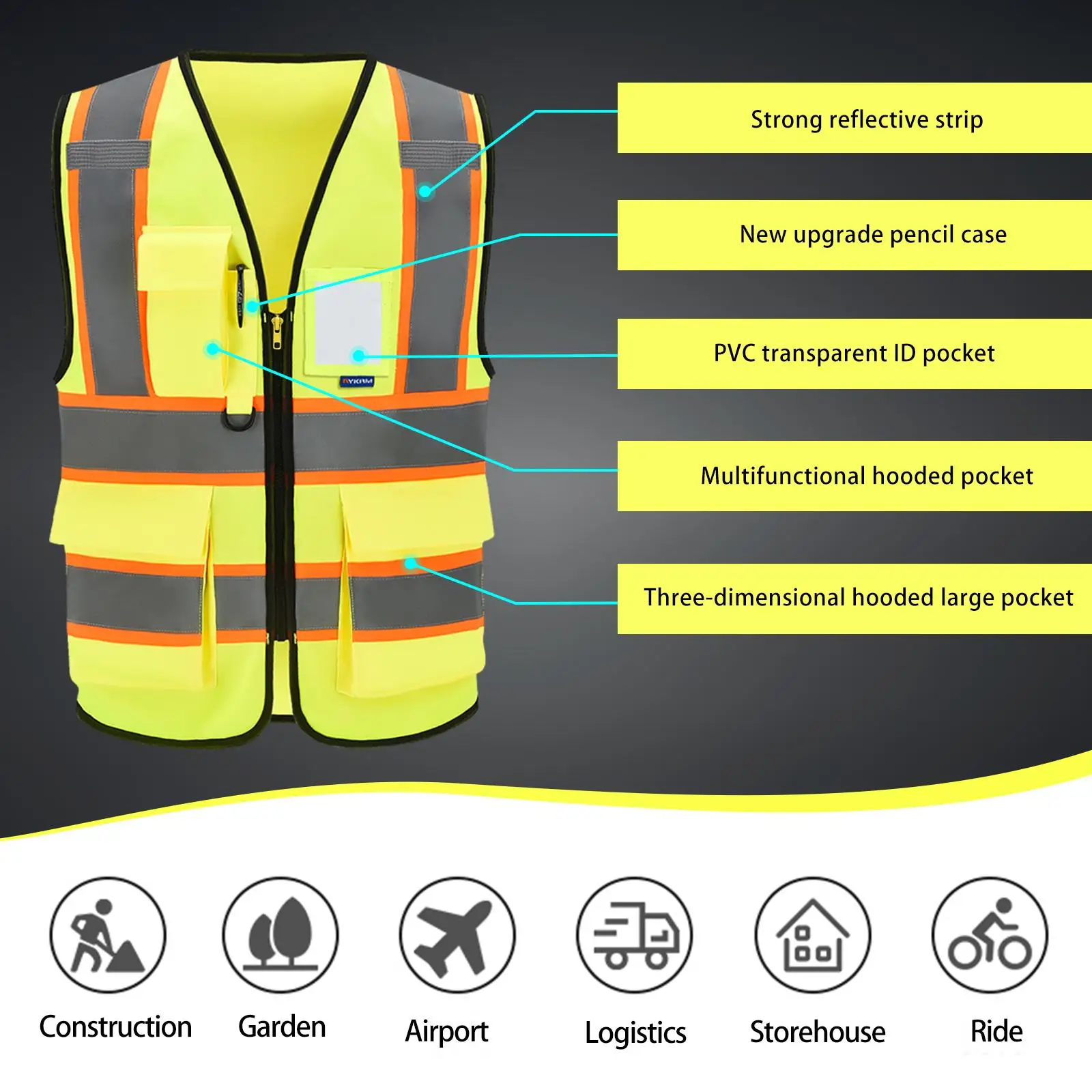 AYKRM High Visibility Safety Vest with Pockets Reflective Strips and Zipper,Yellow Orange(XS-6XL)