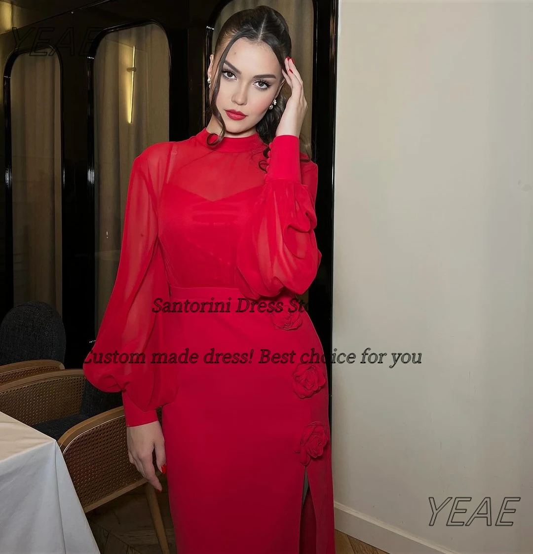 سانتوريني ذوي الياقات العالية الأحمر فساتين لحضور الحفلات الموسيقية بأكمام طويلة الزهور الجانبية الشق دبي ملابس السيدات مخصصة مأدبة فساتين السهرة #5