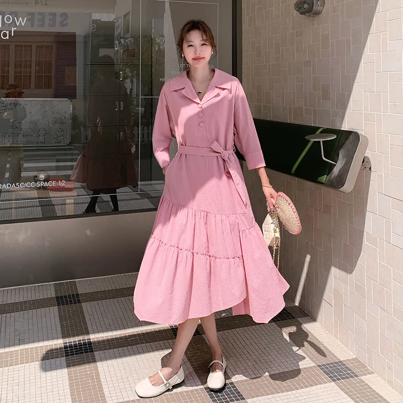 SuperAen robe à revers 2025 nouvelle taille haute robe d'épissure irrégulière à manches longues ceinture robe chemise