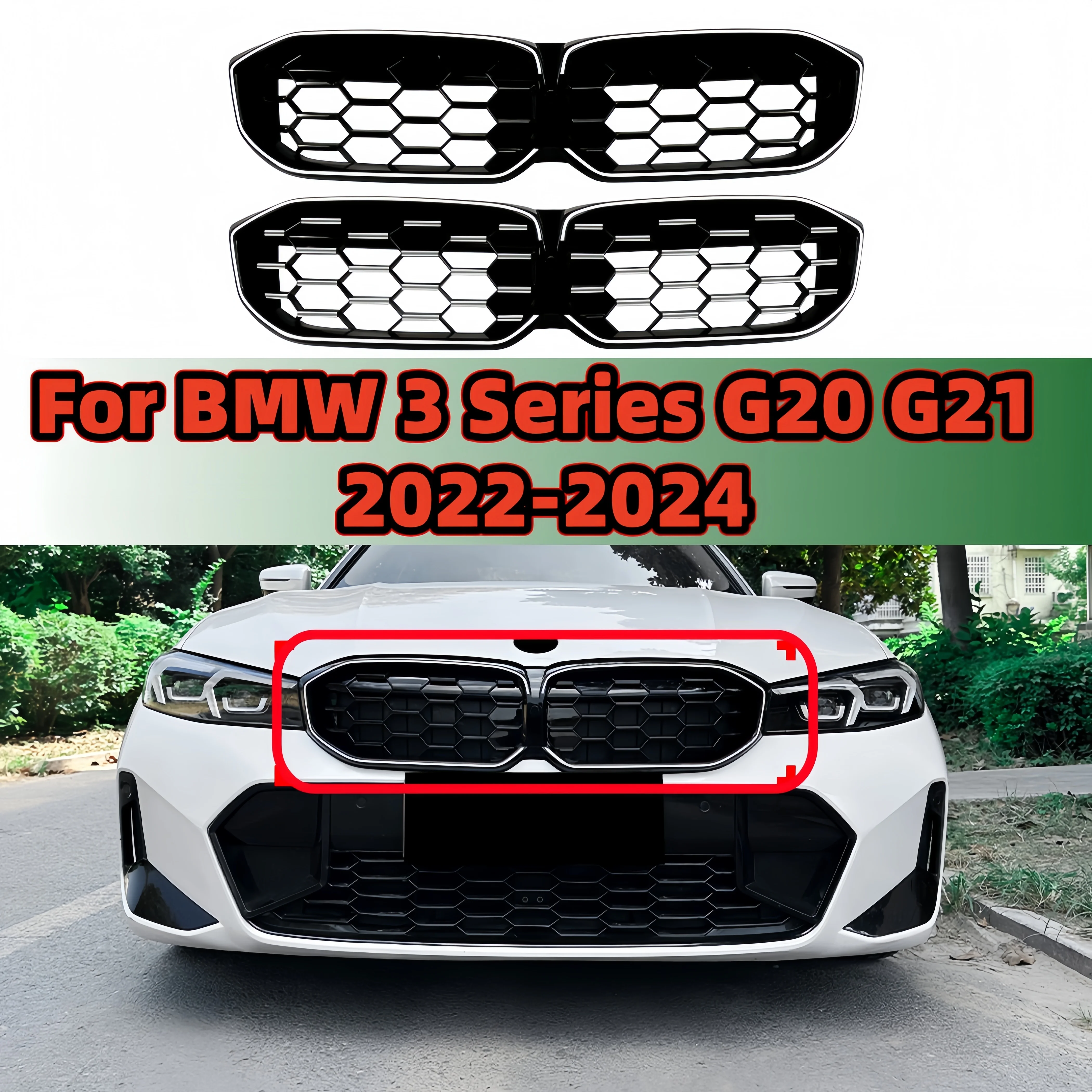 

For BMW 3 Series G20 2023 2024 With LED Racing grills Grill grille Front bumper mesh ABS Material Glossy Black Car Accesorios