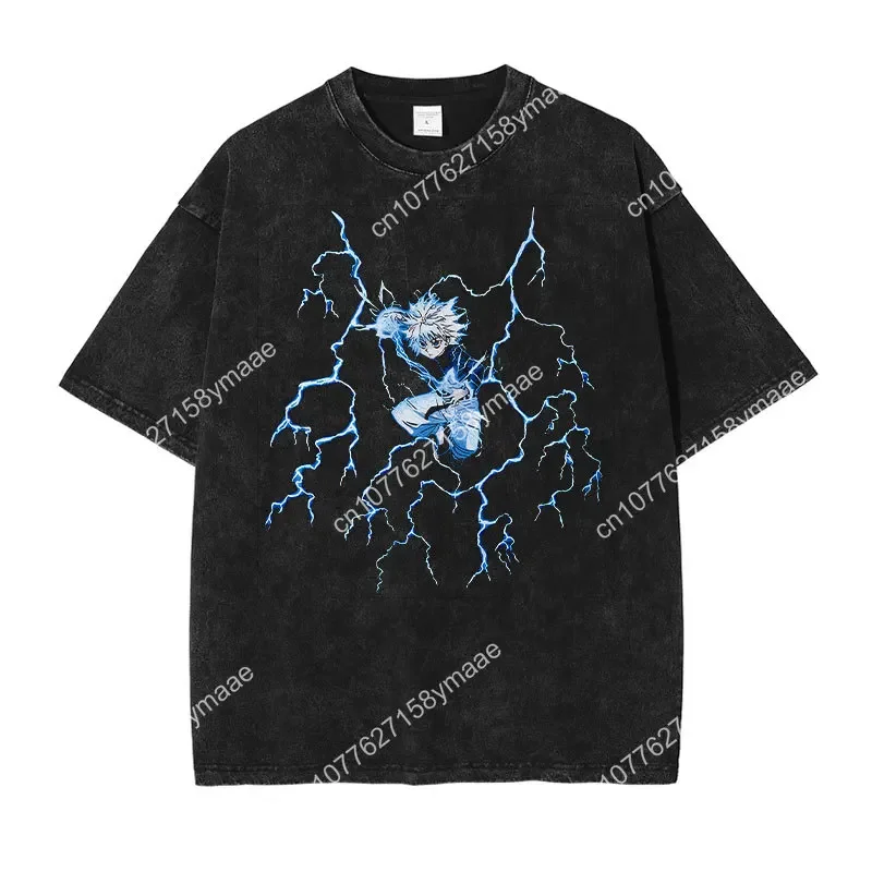 Killua Zoldyck T-shirts Men Streewear Vintage Washed Anime T Shirt Short Sleeve Harajuku Manga Phantom Troupe Tops Tees Cotton