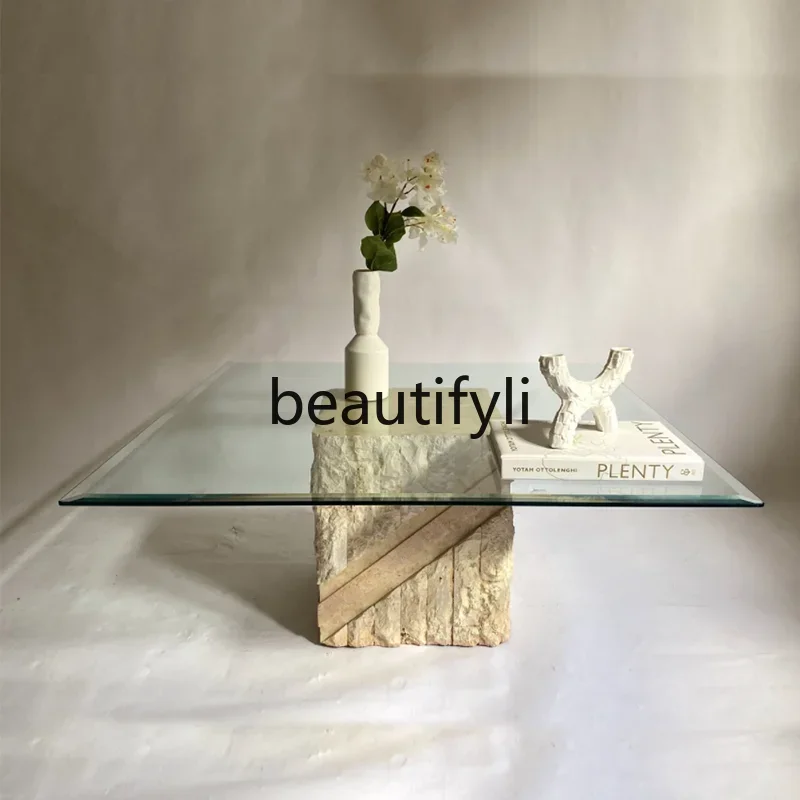 

smt1 Designer natural travertine coffee table art, broken effect, tempered glass coffee table, small apartment customization