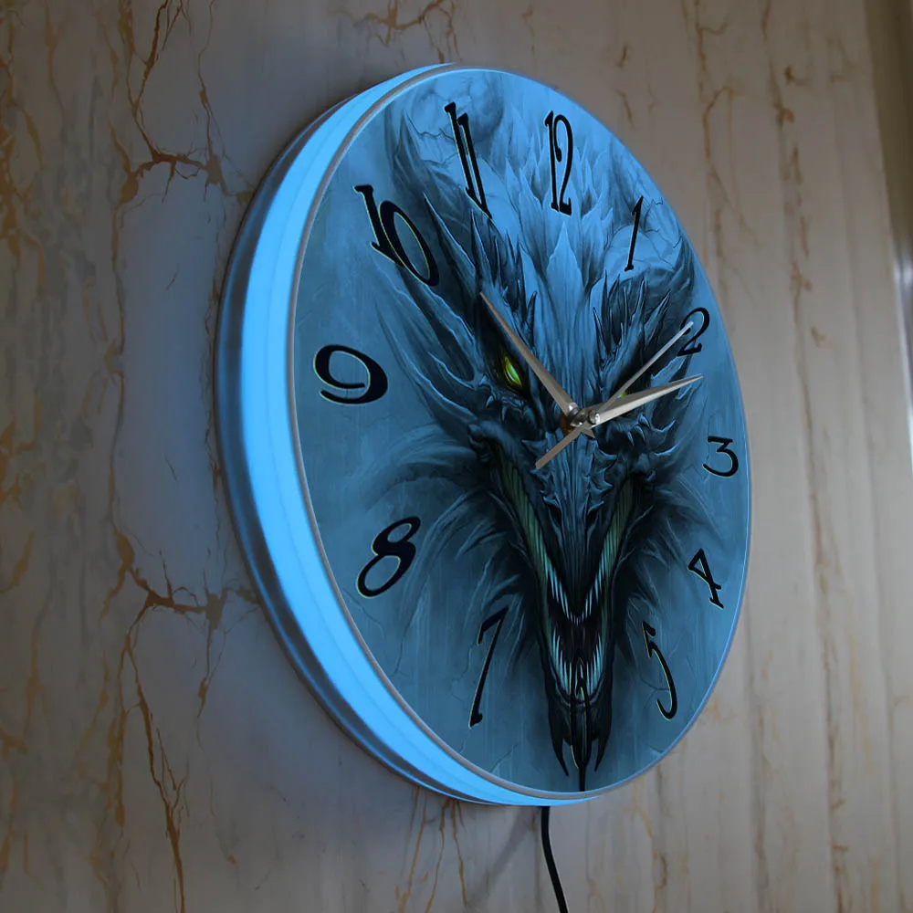 Gothic Evil Dragon Head Luminous Printed Wall Clock With LED Backlight Medieval Fantasy Home Decor LED Night Light Wall Clock