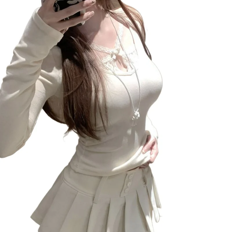 تي شيرت من الصوف الألماني ذو اللون الصلب مقترن بفتاة مثيرة بلون نقي ومربوط بأكمام طويلة لخريف وشتاء 2026 #3